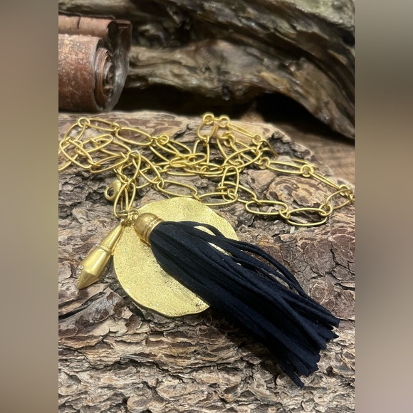 Authentic Stella & Dot Black Tassel Necklace Antique Brushed Gold Tone 32” - Picture 4 of 7